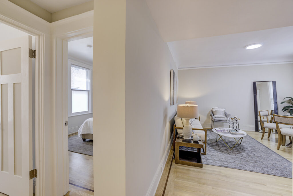 Interior living space and bedroom at Mark Hopkins apartment